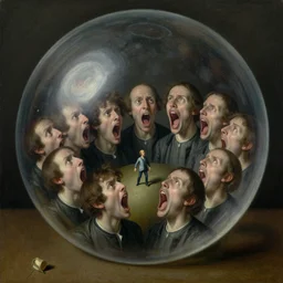 a thousand mouths screaming at large cubic bubble with tiny man inside, disturbing, uneasy, unsettling, by hieronymus bosch, trending on artstation, trending on nightcafe, by alexander fedosa oil on canvas