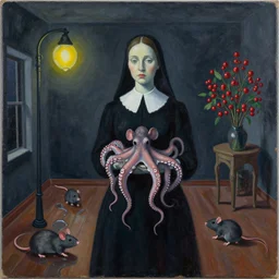 a portrait in a dark apartment, rats, a widow holding an octopus, streetlamps, puddles, wild berries, ikebana, neo - expressionism, surrealism, acrylic and spray paint and oilstick on canvas