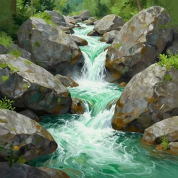 avila mountains river, granite rocks, green, cascade, a detailed matte painting by dan mumford, deviantart contest winner, maximalism, 2 d game art, detailed painting, physically based rendering