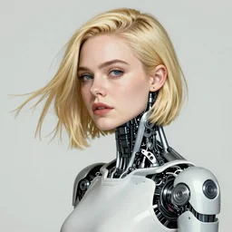 a striking hyper real illustration of Elle Fanning with cybernetics by Yoji Shinkawa