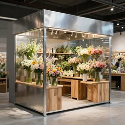 flower retail shop made of stainless steel and wood, concept artist, artstation