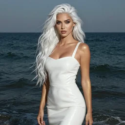 portrait of a beautiful israeli woman, with long white hair, in a white leather dress, standing in the middle of the ocean, very beautiful style, she is shrouded in gold, photorealism john singer sargent edgard maxence
