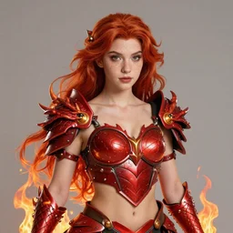 princess of flame, redhead on fire, freckles, beautiful face, beautiful body, midriff, wearing red dragon armour, artstation, artgerm