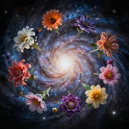 An epic fantastic realism comic book style painting of the most beautiful twirling flowers launched across the spinning galaxy, bouquets, fisheye lens, unreal 5, DAZ, hyperrealistic, octane render, dynamic lighting