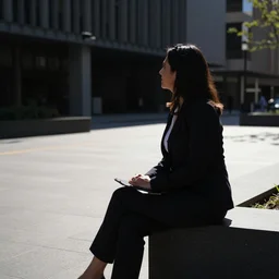 A Latina businesswoman, sat outdoors, mostly silhouetted in soft shadow. harsh sunlight corporate plaza