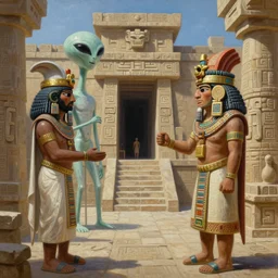 pacal Votan and Aztec priests greeting aliens in an ancient Aztec temple. 8K Highly detailed oil painting by Greg rutkowski
