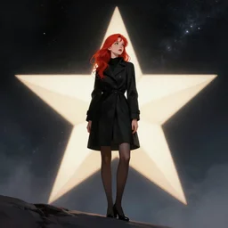 redhead lady in black coat and pantyhose stay on the edge near giant star, cosmic horror style, highly detailed, digital painting, artstation, concept art, smooth, clear focus, illustration, unreal engine 5, 8 k, works by ross tran, greg rutkowski and edgar maxence