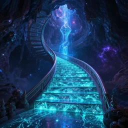 bioluminescent staircase to magic universe, fillagree, daint, stunning, detailed, intricate shiny, infinity, universe, fantasy, magic, hyper - realistic, unreal engine, glowing