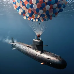 A nuclear submarine flying through the air, attached to hundreds of balloons