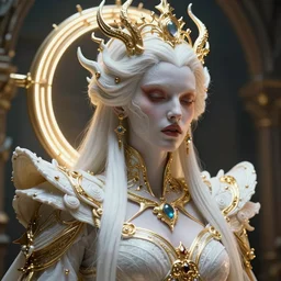 a photo of 8k ultra realistic corrupted lovecraftian queen, intricate white and gold neon, ornate, cinematic lighting, trending on artstation, 4k, hyperrealistic, focused, high details, unreal engine 5, cinematic, masterpiece