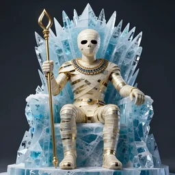 a mummy holding a scepte, sit on an ice throne ultrarealistic