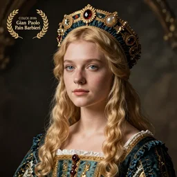 young blonde woman in renaissance dress and renaissance headdress, photograph by gian paolo barbieri
