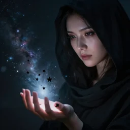 a closeup of a cloaked woman, black stars coming from hand, nebula, by mike davis