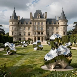 giant Italian modern castle formal garden with a series of modern stainless steel organic shaped modern sculptures with mirror finish by Tony Cragg, photo by Annie Leibovitz