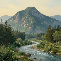A large picturesque mountain with a river flowing between them by Thomas Kinkade