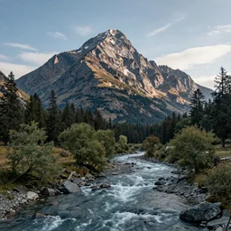 A large picturesque mountain with a river flowing between them by Simon stålenhag