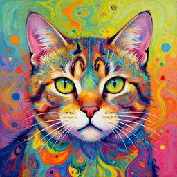 cat portrait an acrylic painting splashes with many colors and shapes by john backderf greg rutkowski and alphonse mucha, polycount, generative art, psychedelic, fractalism, glitch art