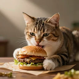 a cute cat about to eat a burger