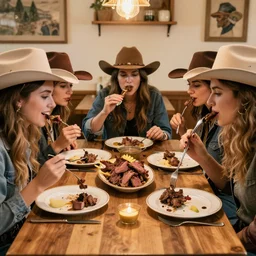 women eating cowboy human meat for dinner