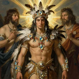 detailed artstation illustration of an androgynous man wearing ornamental elaborate tribal garb, feathers and crystal jewelry, god rays, by ruan jia and bouguereau and peter paul rubens and luis ricardo falero.