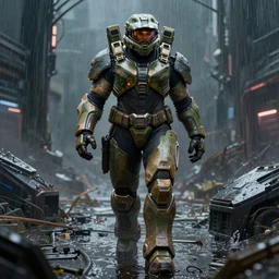 a beefy bulky female warrior walking in a cyberpunk wasteland facing the camera, mjolnir armor from halo infinite, intricate, 8K, octane render, Digital painting, concept art, illustration, sharp focus, centered, good value control, realistic shading, rational painting, a rainy night, water, wet, rain, rainstorm, rubber undersuit