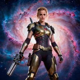 movie still frame, emma watson in bio - armor and big guns in epic pose, a psychedelic nebula in the background, beautiful composition, 8 k, cgi, by ridley scott, zack snyder and michael bay