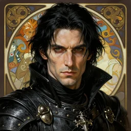 realistic detailed face portrait of a rugged necromancer with black hair and black leather armor by alphonse mucha, ayami kojima, amano, greg hildebrandt, and mark brooks, male, masculine, art nouveau, neo - gothic, gothic, character concept design