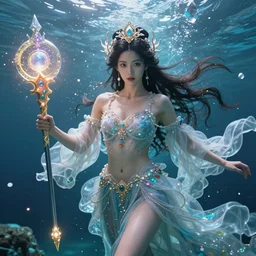 a beautiful female human god of time character, character is in all its glory under the water, character is centered on the image, character is holding magic weapon, rim lights, highly detailed professional photo, dynamic lights, particles and crystals are flying, very deep depth of field, trending on artstation, illustration, hyper realistic, vray caustics, super detailed, colorful accents, cinematic shot