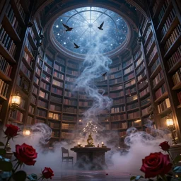magic library, star dome, dreamy, smoke, birds, roses, fairy tale, evening lights, highly detailed, low angle view, artstation, mysterious, comfort, in the style of aetherpunk