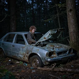 a creature in the woods in the night destroying an abandoned car, quality of google parti