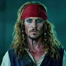 portrait photo an albino pirate Man with red headband and short curly blonde hair, 70mm sigma lens, cinematic lighting, movie still, HD, teal color graded