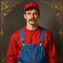 a portrait of a man with a mustache wearing a long - sleeved red shirt, a pair of blue overalls with yellow buttons, and a red cap, art by jakub rozalski, digital illustration, ornate details,