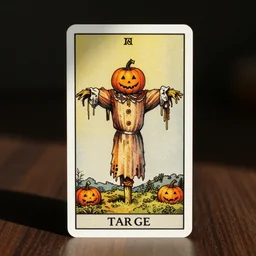a tarot card of a pumpkin scarecrow