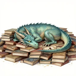 A dragon sleeping on a pile of books, by Josephine Wall.