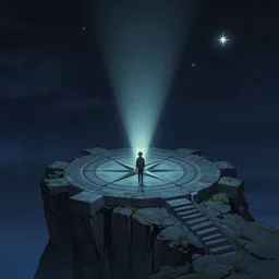 late at night, there is a mysterious star watching compass stone platform on the cliff of genesis. the mysterious light shines on the stone platform from above, and the atmosphere is very strong., mysteries, simple by victo ngai, kilian eng and jake parker, anton fadeev, 2 d