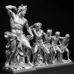 long line-up of polished platinum and crude oil laocoon and his sons struggling and extremely twisted and contorted, jewelry photography, black background