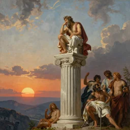 a sublime and awe-inspiring Thomas Cole style matte painting of Zeus contemplating humanity's predicament atop an enormous Greco-Roman column while the sun sets upon Mount Olympus in the distance
