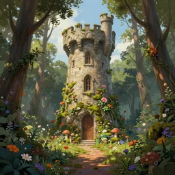 A beautiful digital painting of a fantasy castle tower standing alone in the wood covered in flowers, mushrooms and moss with a door and windows and a front path and garden in the shire by Stanley Artgerm Lau, frank frazetta, Rossdraws, James Jean, gerald brom, Andrei Riabovitchev, Marc Simonetti, and Sakimichan, trending on artstation, SFW version