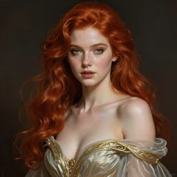 a beautiful young woman with red hair, fantasy, intricate, elegant, dramatic lighting, beautiful woman, gorgeous face, sexy gown, highly detailed, lifelike, photorealistic, digital painting, artstation,  illustration, concept art, smooth, sharp focus, art by John Collier and Albert Aublet and Krenz Cushart and Artem Demura and Alphonse Mucha