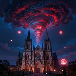 old cathedral, glowing balls, tornado, symmetry!!!, clouds, surrealism, dark atmosphere, blue color, dark red color, dark purple color, glowing orbs, glowing lights, surreal, infographic, epic fantasy, digital art, concept art, detailed illustration, hd, 4 k, highly saturated colors, digital art, mike franchina, trending on artstation