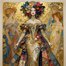 portrait of isabelledeltore, patchwork doll, cyberpunk, elegant baroque, asymmetrical art, hyperrealism, colorful, vivid, imposing, epic, abstract texture, gold leaf texture, artstation, concept art, by peter mohrbacher and wlop and rhads and artgerm and magali villeneuve and alphonse mucha