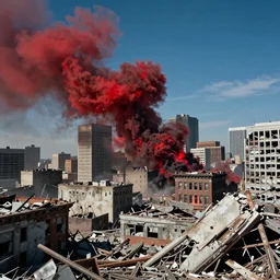 destroyed american city, dystopian, war, real, blue sky, smoke, red clouds, detailed, award winning, masterpiece, photograph, cinematic