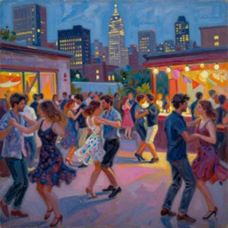 renoir painting impressionist exhibition. vivacious and joyful atmosphere of this popular dance place on a new york rooftop in twilight. the study of the moving crowd, bathed in natural and artificial light, is handled using vibrant, brightly coloured brushstrokes. a somewhat blurred impression of the scene. portrayal of popular millenial life. foreground in shadow. 8 5 mm lens. perspective. skyline in background