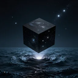 A black cube projecting on its surface a black hole devouring galaxies and stars, floating In the middle of the ocean, Photography, Cinematic, Time-Lapse, Panorama, Field of View, 3-Dimensional, Hyperdimensional, 32k, Star, Cube, Powerful, Beautiful Lighting