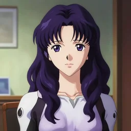 close portrait. interior bg. screenshot of a scene in neongenesisevangelion of katsuragi misato painted by norman rockwell. character designed by hideaki anno. long shoulderlength wavy! dark purple hair. digital. lighting by james gurney. trending on artstation. masterpiece. artgerm mucha rutkowski.
