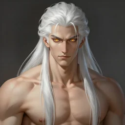 big muscular man with long white hair, fantasy, amber eyes, face, long hair, intricate, elegant, highly detailed, digital painting, artstation, concept art, smooth, sharp focus, illustration, art by artgerm and greg rutkowski and alphonse mucha