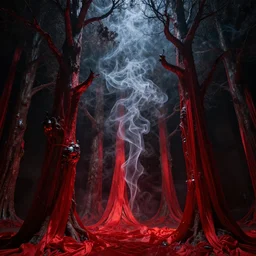 magical trees, chiaroscuro, red fabric, metallic parts from heaven, transparent smoke from hell, canon eos r 3, f / 1. 4, iso 2 0 0, 1 / 1 6 0 s, 8 k, raw, symmetrical balance, in - frame