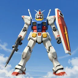 A Gundam riding a rocket.