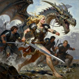 An oil painting of a beautiful blonde viking woman running into battle with sword, dragon scale armor, aesthetic face, by Frank Frazetta, Greg Rutkowski, Boris Vallejo, Neal Hanson, Christian MacNevin, epic fantasy character art, goddess of war, goddess of anger, high fantasy, full length, exquisite detail, post-processing, low angle, masterpiece, cinematic, colossal dragon in background