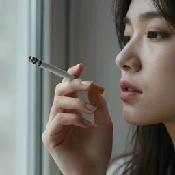 the girl holds a cigarette next to the window, high detail of the face, high detail of the hand and fingers, high details, high modernization, ultra mega super hyper realistic